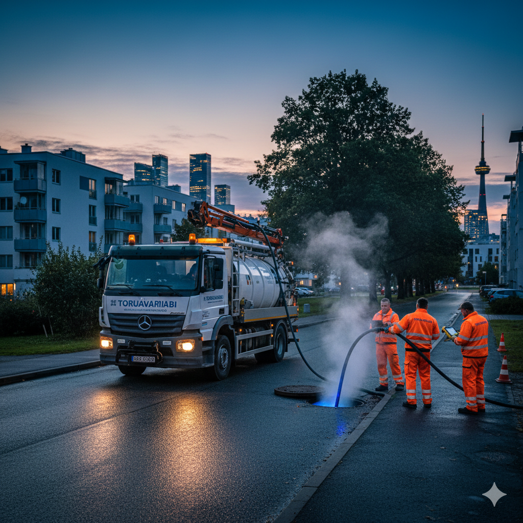 Väliskanalisatsiooni regulaarne puhastus Väliskanalisatsiooni survepesu Tallinna kesklinnas öisel ajal Toruavariiabi meeskonna poolt.