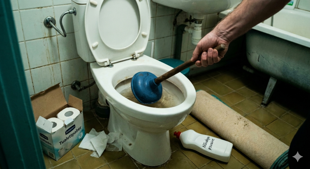 Inimese käsi kasutamas vannitutust WC-poti ummistuse eemaldamiseks. Vannitoas on näha ka tualettpaber ja nõudepesuaine pudel.