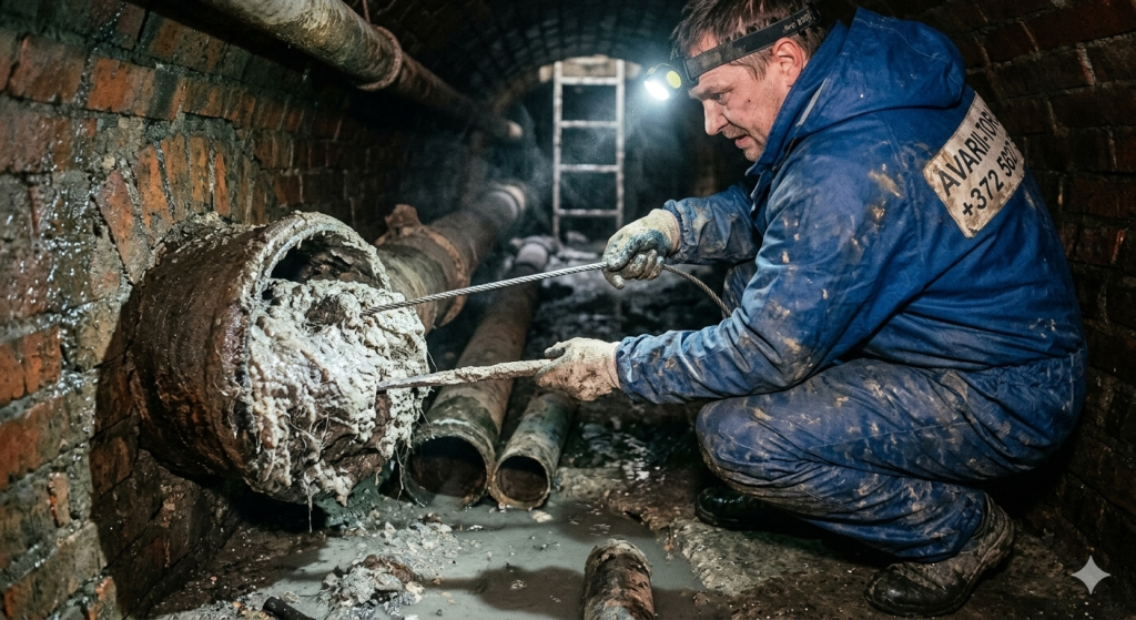 Fotorealistlik vaade toruabi meistrist, kes puhastab maaaluses telliskiviseintega keldris ränka kanalisatsiooni ummistust. Mees kannab tumesinised tunkesid ja pealampi, pildil on näha avatud malmtoru, mis on täitunud tiheda rasva ja mustusega. Käes on professionaalne terasspiraal.